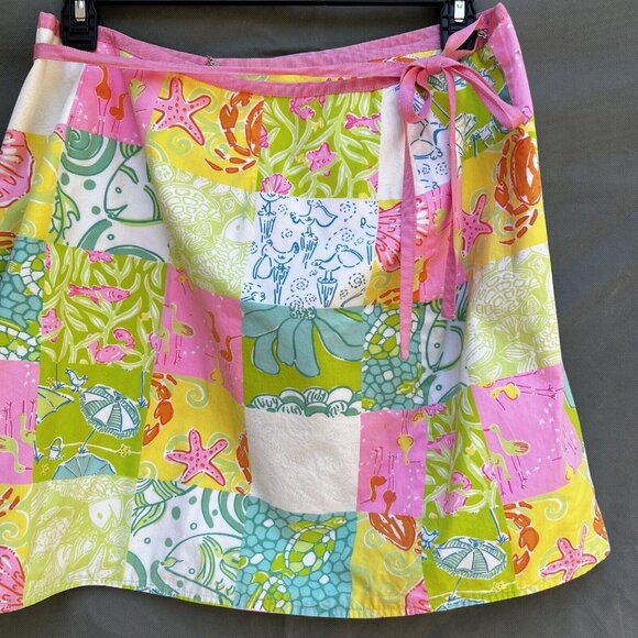 VTG Lilly Pulitzer Reversible Skirt Yellow Pink Shells Patchwork Wrap Preppy - Picture 7 of 9